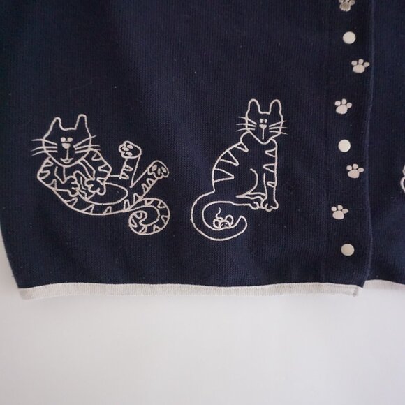 VTG Christopher & Banks Navy Knit Cat Embroidered Cardigan Cotton Blend XL - Picture 6 of 8